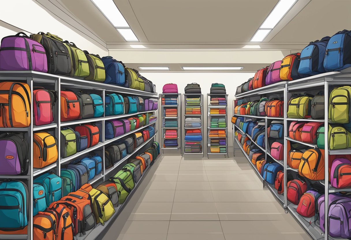 A bustling outdoor store in Singapore showcases a variety of Osprey backpacks, neatly arranged on shelves and racks, with colorful designs and sturdy materials on display
