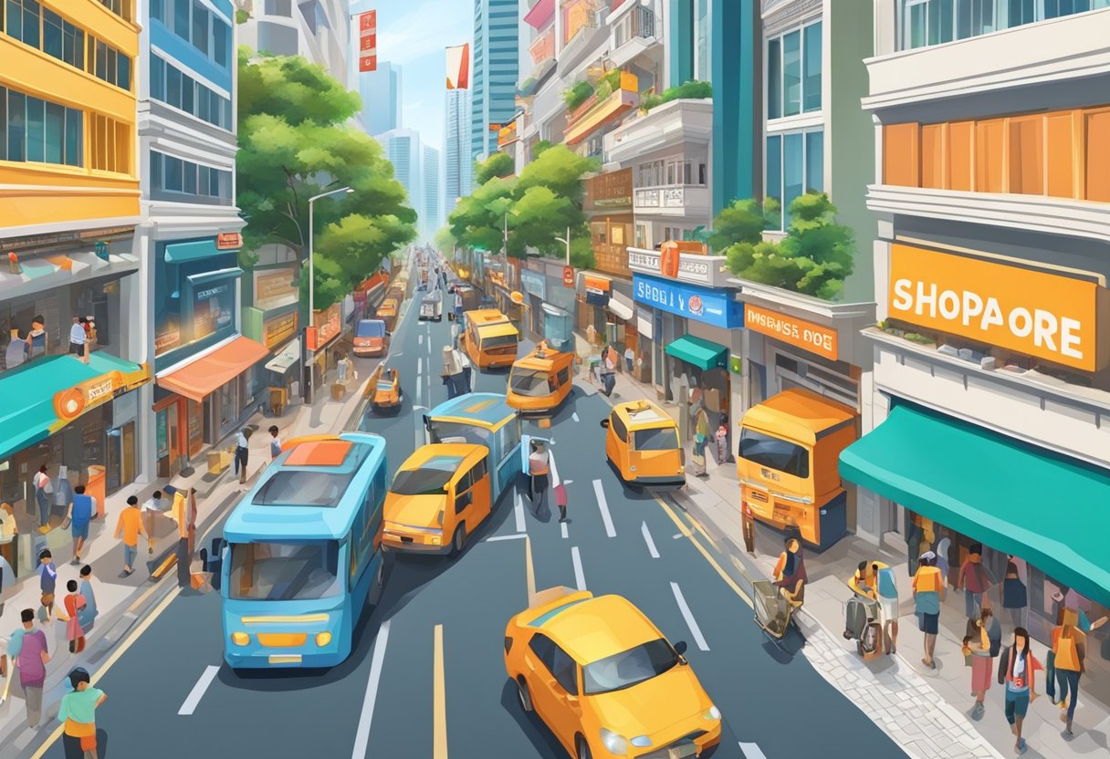 Busy Singapore street with colorful shopfronts and bustling activity, surrounded by tall buildings and vibrant signs