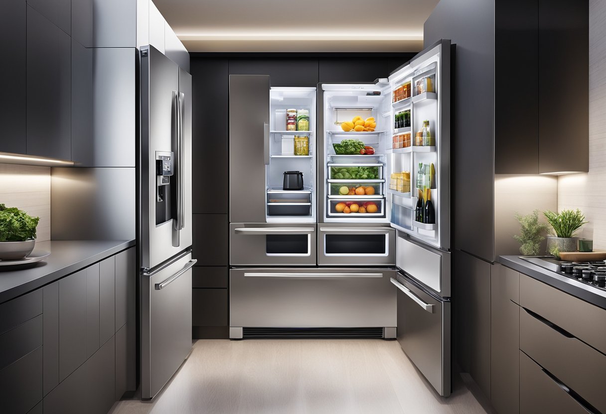 A sleek LG refrigerator stands in a modern kitchen, its stainless steel surface gleaming under the bright lights. The doors are closed, but the interior is illuminated, showcasing its spacious and organized compartments