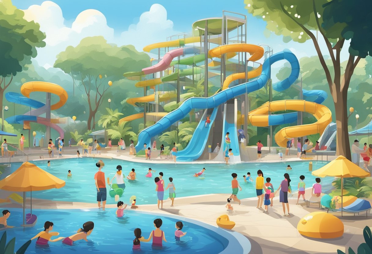 Families and kids enjoy the public swimming pool in Singapore, with water slides, splash pads, and plenty of lounge chairs for parents to relax