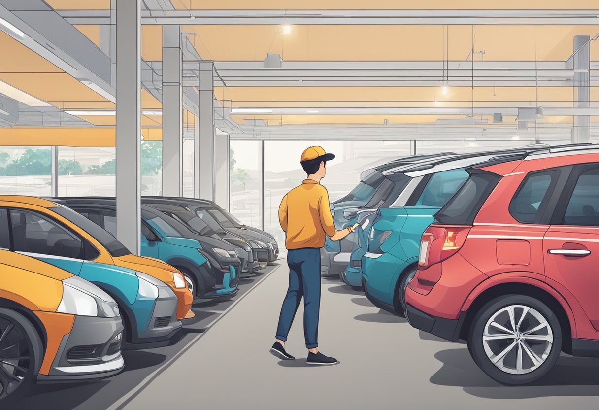 A customer carefully inspects various used cars at a dealership in Singapore, comparing prices and features before making a decision