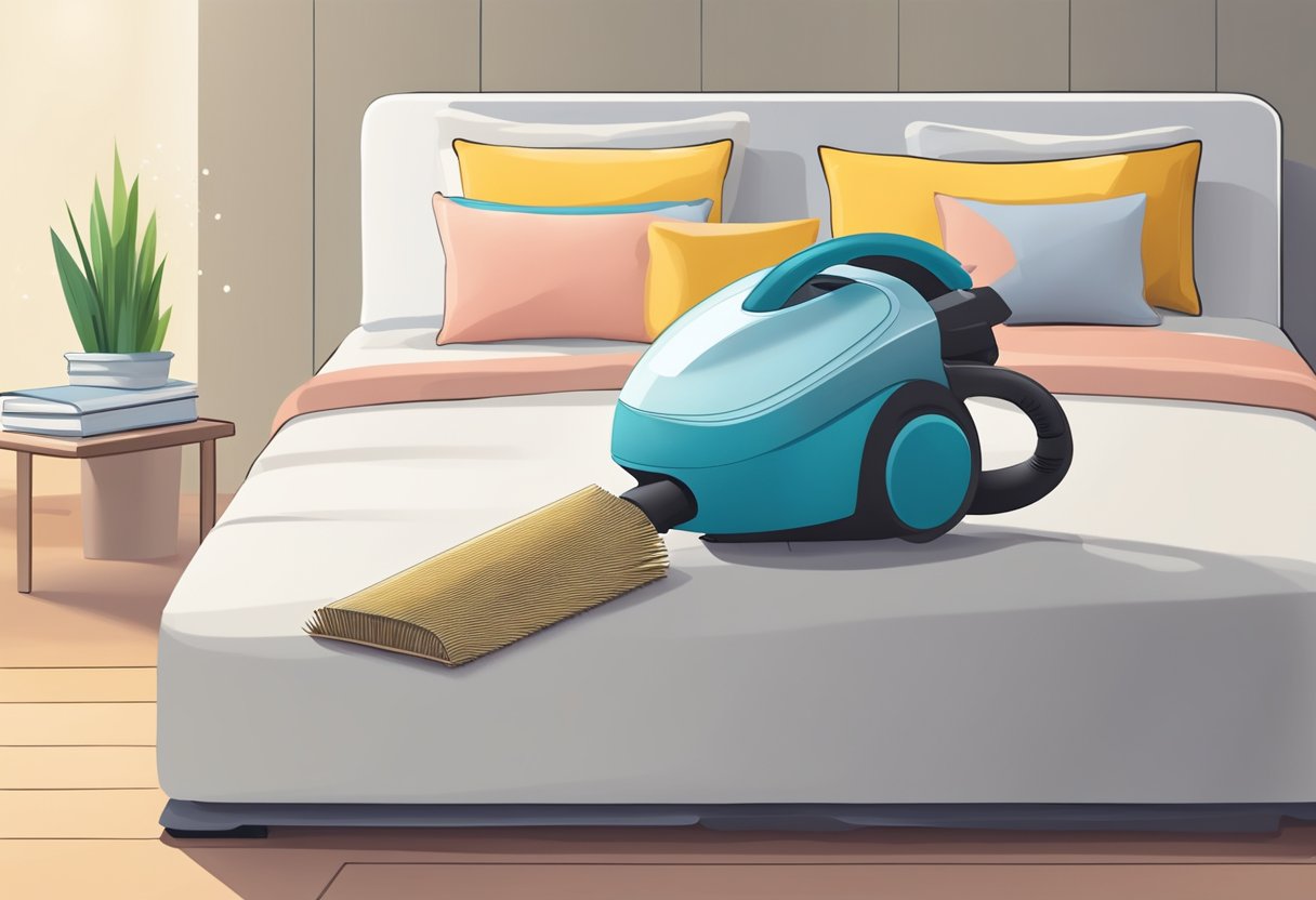 A vacuum cleaner hovers over a mattress, removing dust and debris. A bottle of cleaning solution and a brush sit nearby