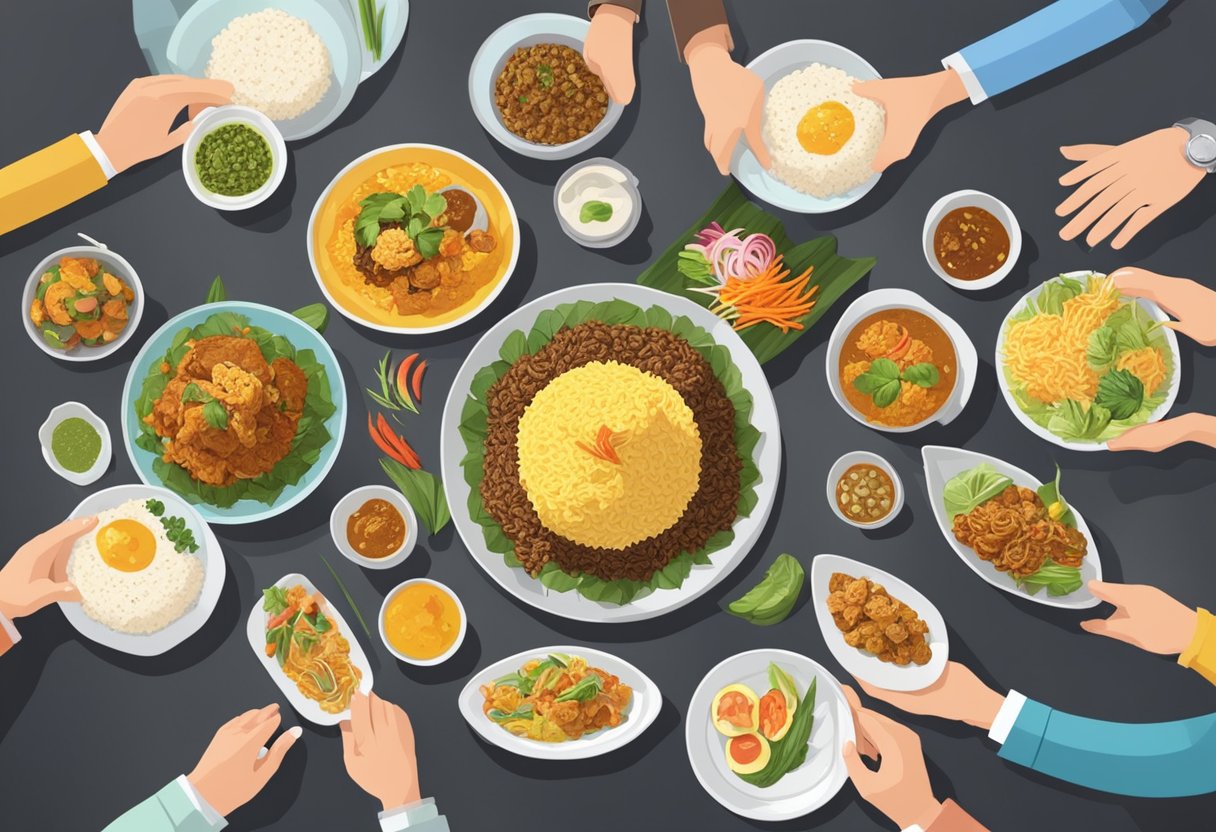 A table set with colorful plates of nasi ambeng, surrounded by eager diners asking questions