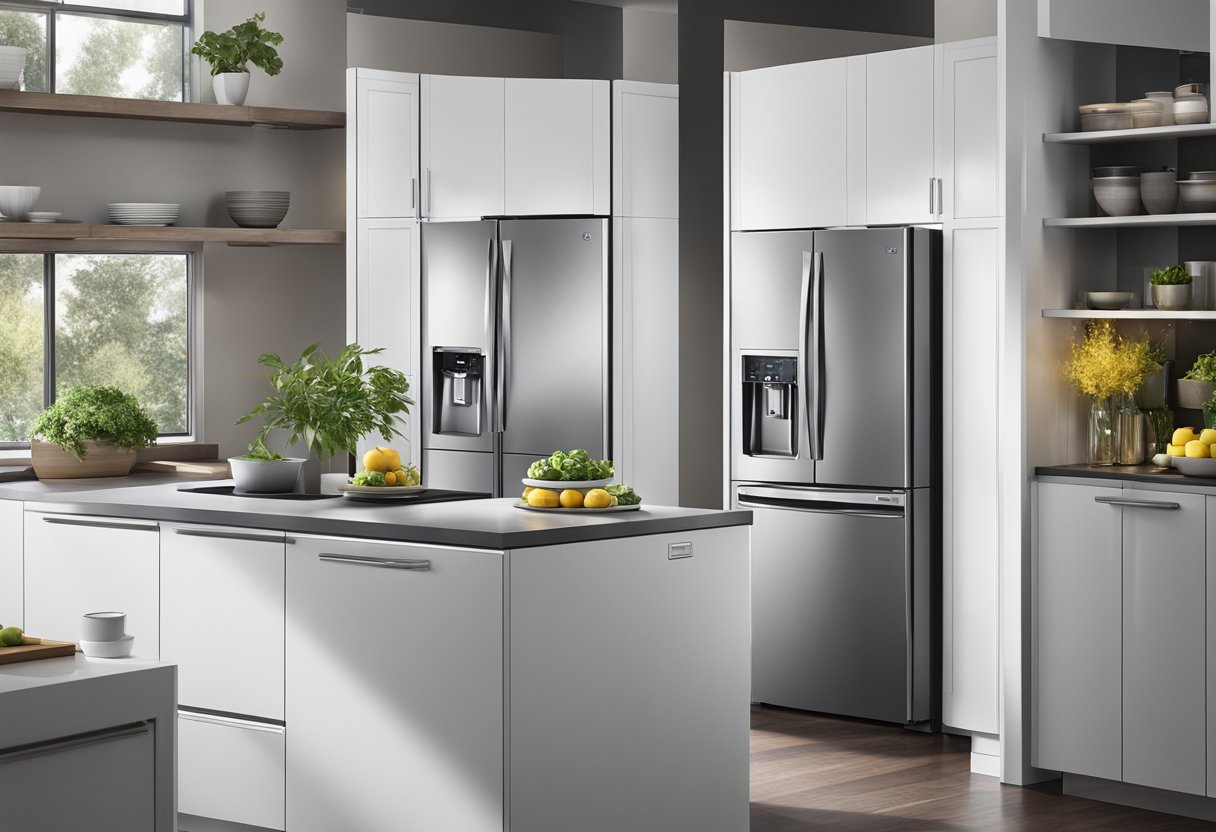 The sleek LG refrigerator stands tall in a modern kitchen, its stainless steel exterior gleaming under the bright overhead lights. The double doors open effortlessly to reveal spacious shelves and advanced cooling technology