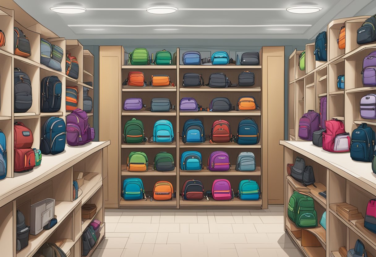 An array of Osprey backpacks displayed on shelves in a well-lit store, with a prominent "Shopping Guide for Osprey Backpacks" sign