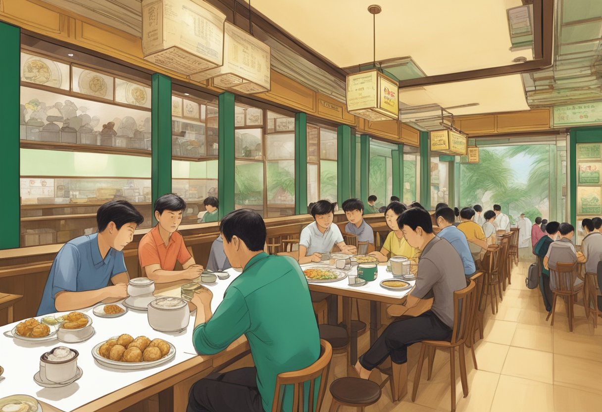 Customers peruse menu at Tim Ho Wan, Singapore. Tables, chairs, and dim sum dishes set the scene