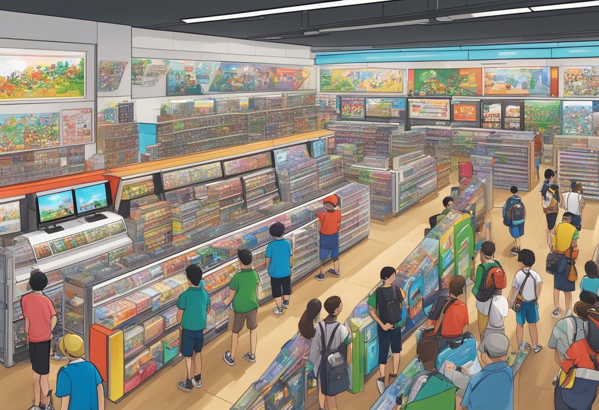A bustling Nintendo shop in Singapore, filled with vibrant displays and excited customers exploring the latest collaborations and cultural impact of Nintendo's iconic games and characters