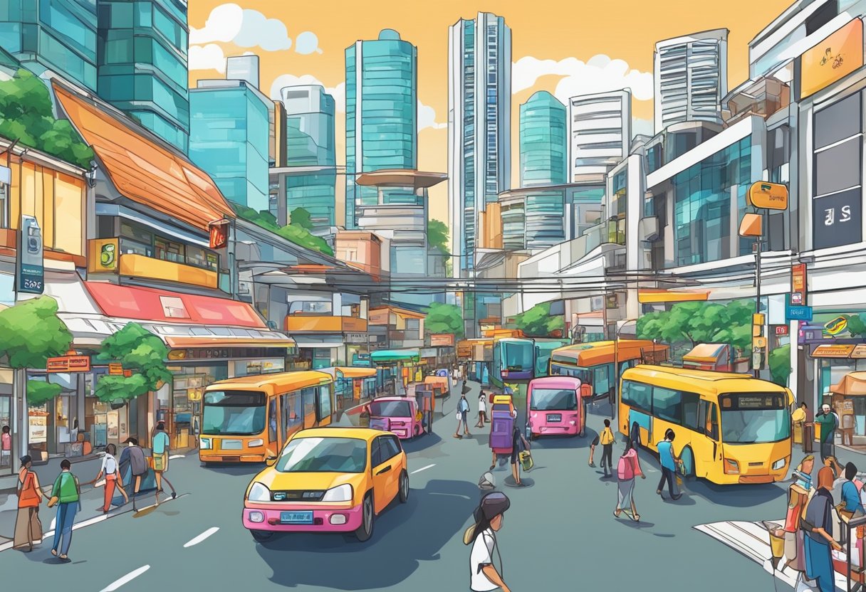 Busy street with various shops and services in Singapore. Bright signs and bustling activity