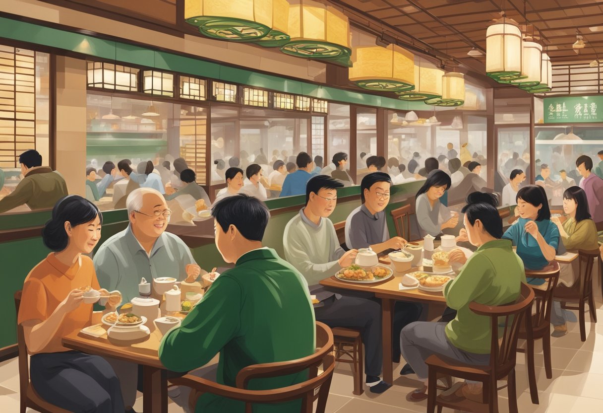 Customers dining at Tim Ho Wan, enjoying dim sum dishes and tea in a bustling and lively atmosphere