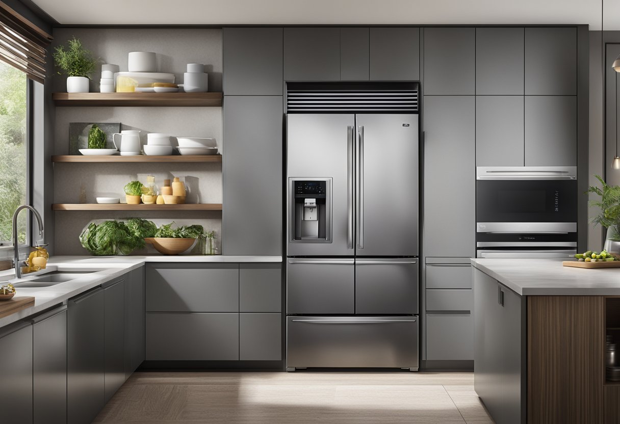 A modern kitchen with a sleek LG refrigerator, stainless steel finish, and digital display