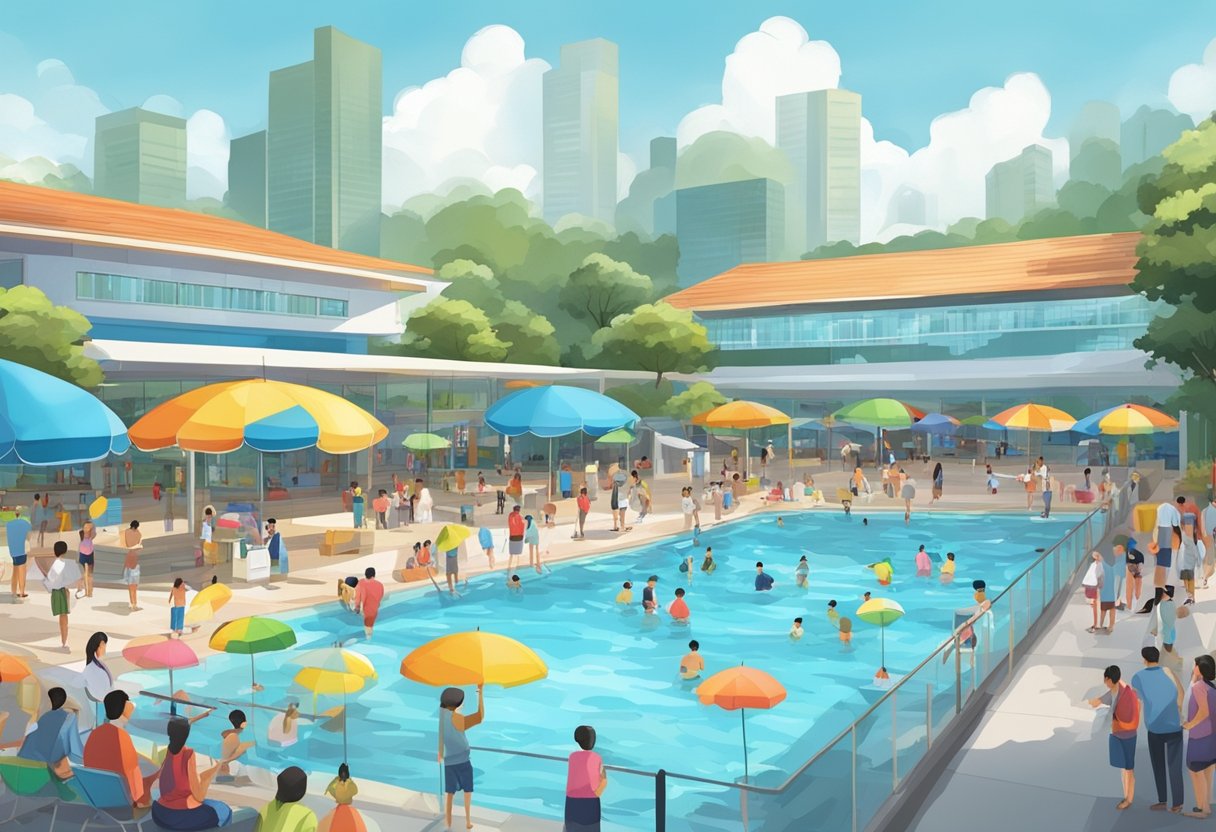 A busy public swimming pool in Singapore with clear blue water, colorful umbrellas, and people of all ages enjoying the facility