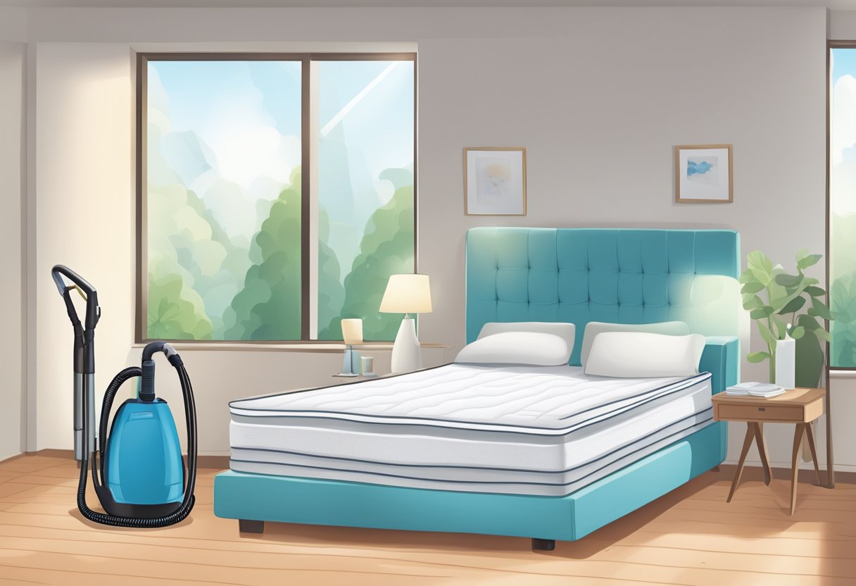 A mattress being vacuumed and sanitized with cleaning solution in a well-lit room