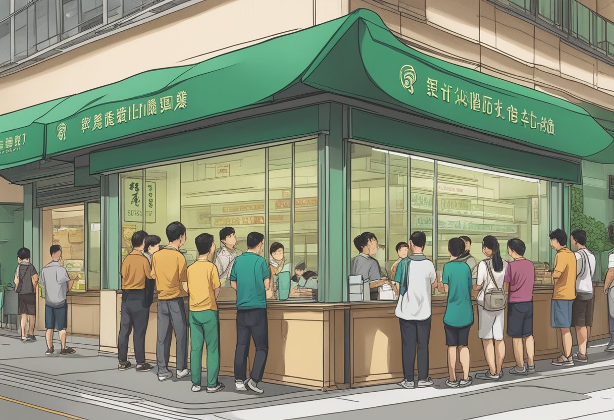 Customers lining up outside Tim Ho Wan in Singapore, with a sign displaying "Frequently Asked Questions" prominently displayed