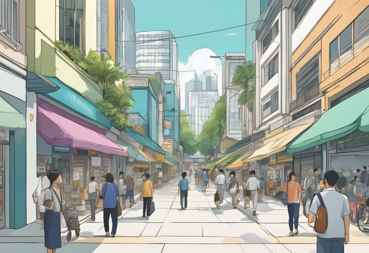A bustling street in Singapore, with a prominent sign reading "Frequently Asked Questions" at the top of a directory board