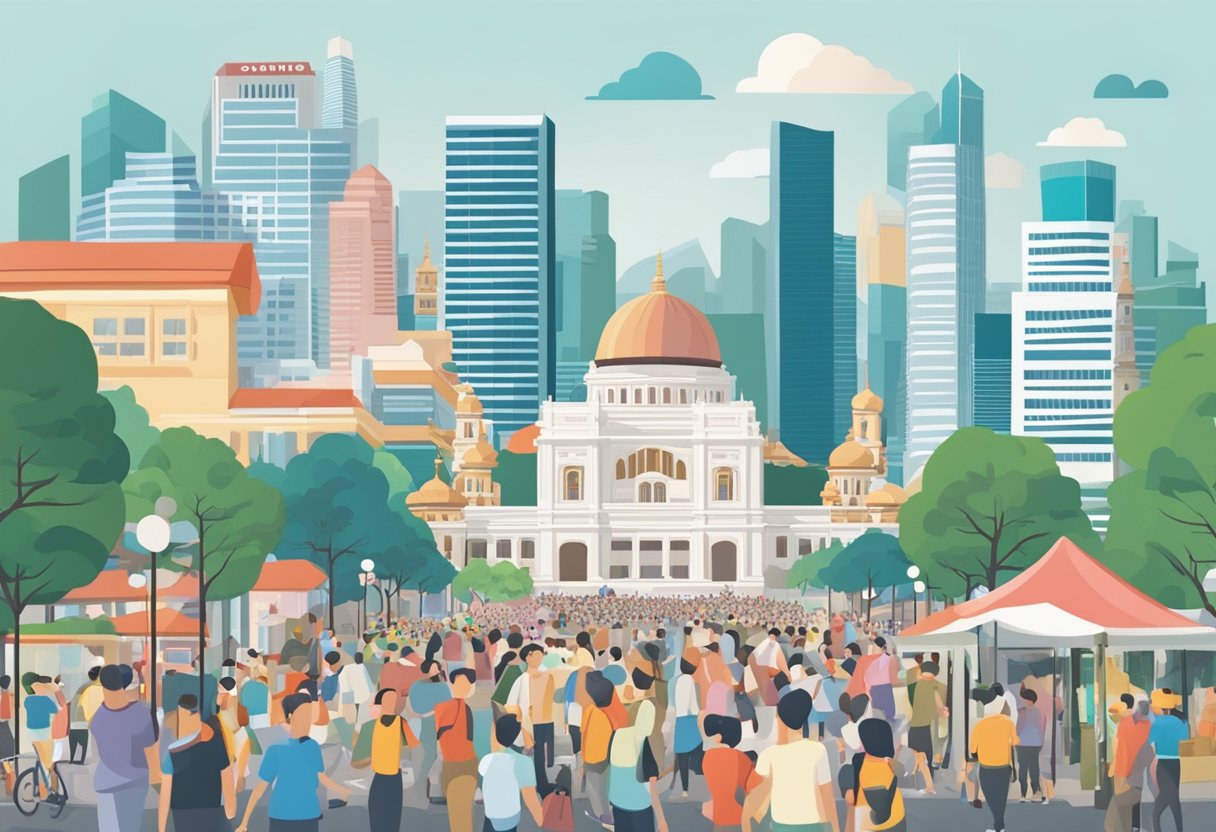 A bustling cityscape with iconic Singapore landmarks, surrounded by a crowd of people seeking information