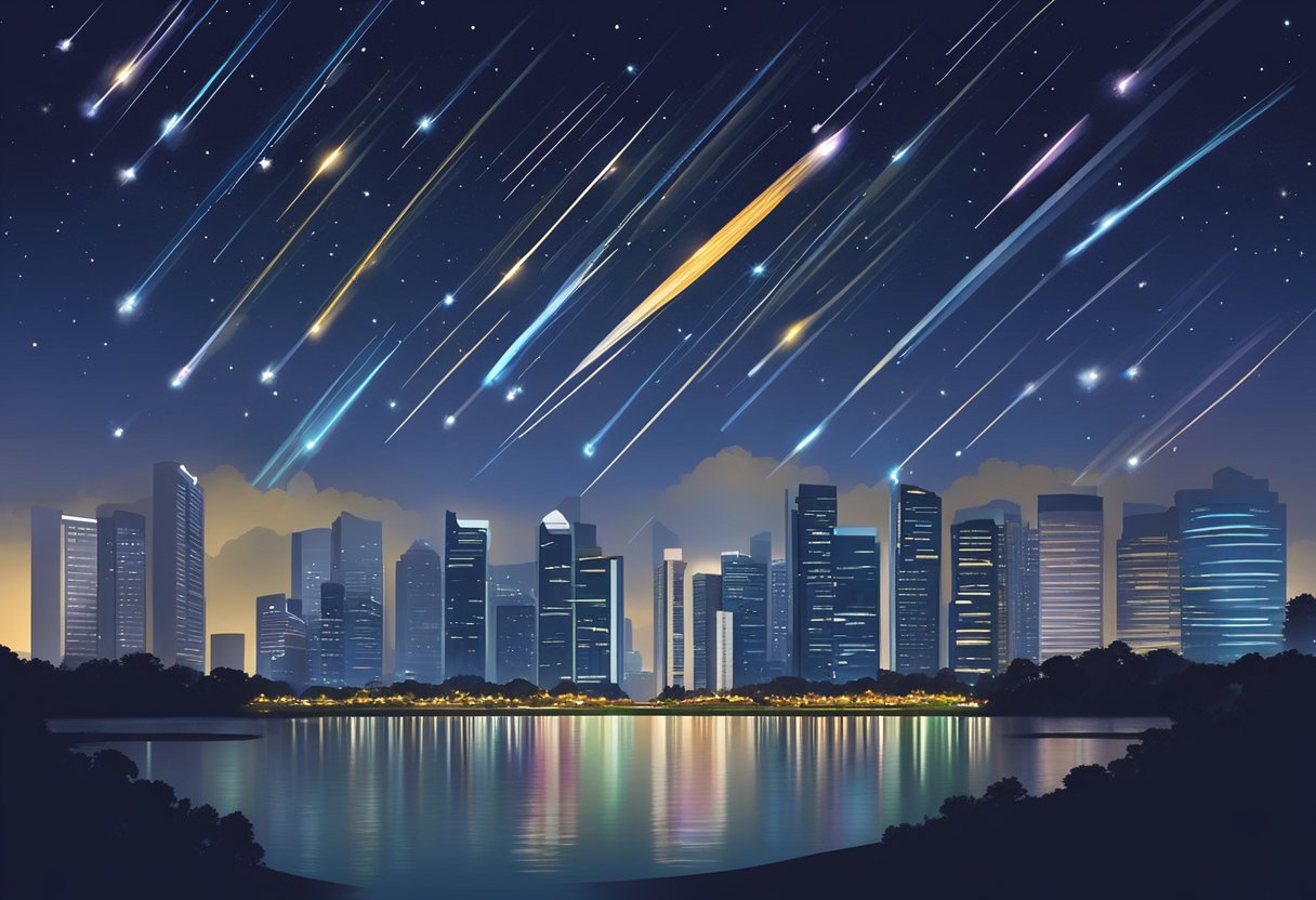 Meteor showers streak across the night sky in Singapore, creating a dazzling display of shooting stars