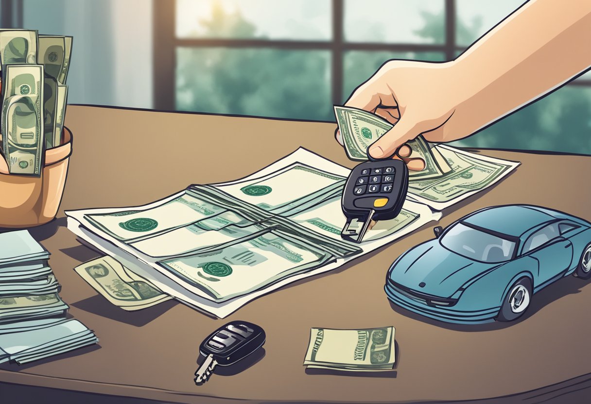A car key being handed over to a buyer with a signed contract and a stack of cash on a table