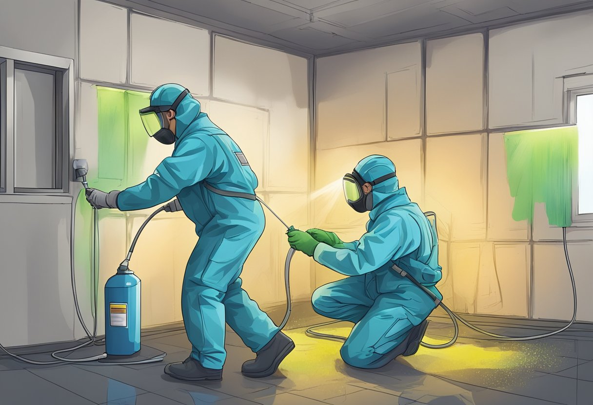 A technician in protective gear sprays and scrubs mold-infested walls in a dimly lit room