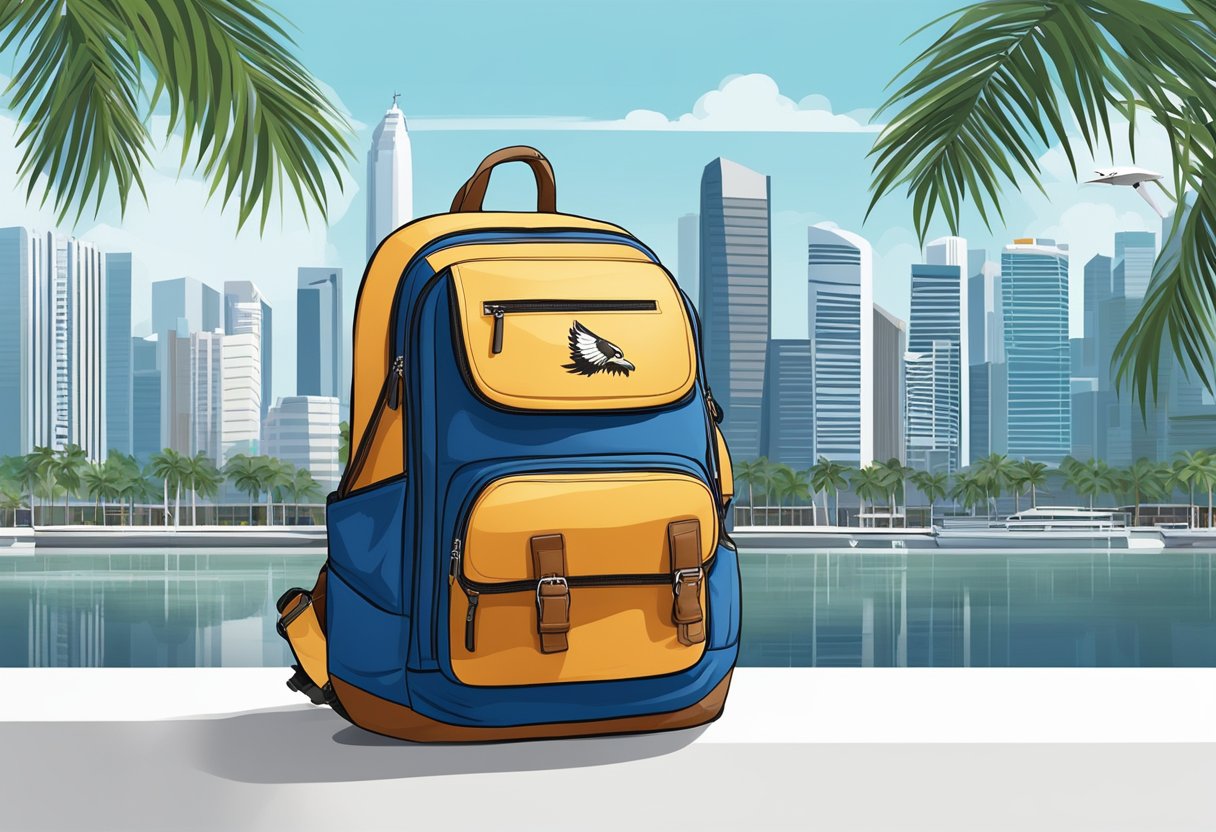An osprey backpack displayed on a clean, white surface with the Singapore skyline in the background, surrounded by palm trees and a clear blue sky
