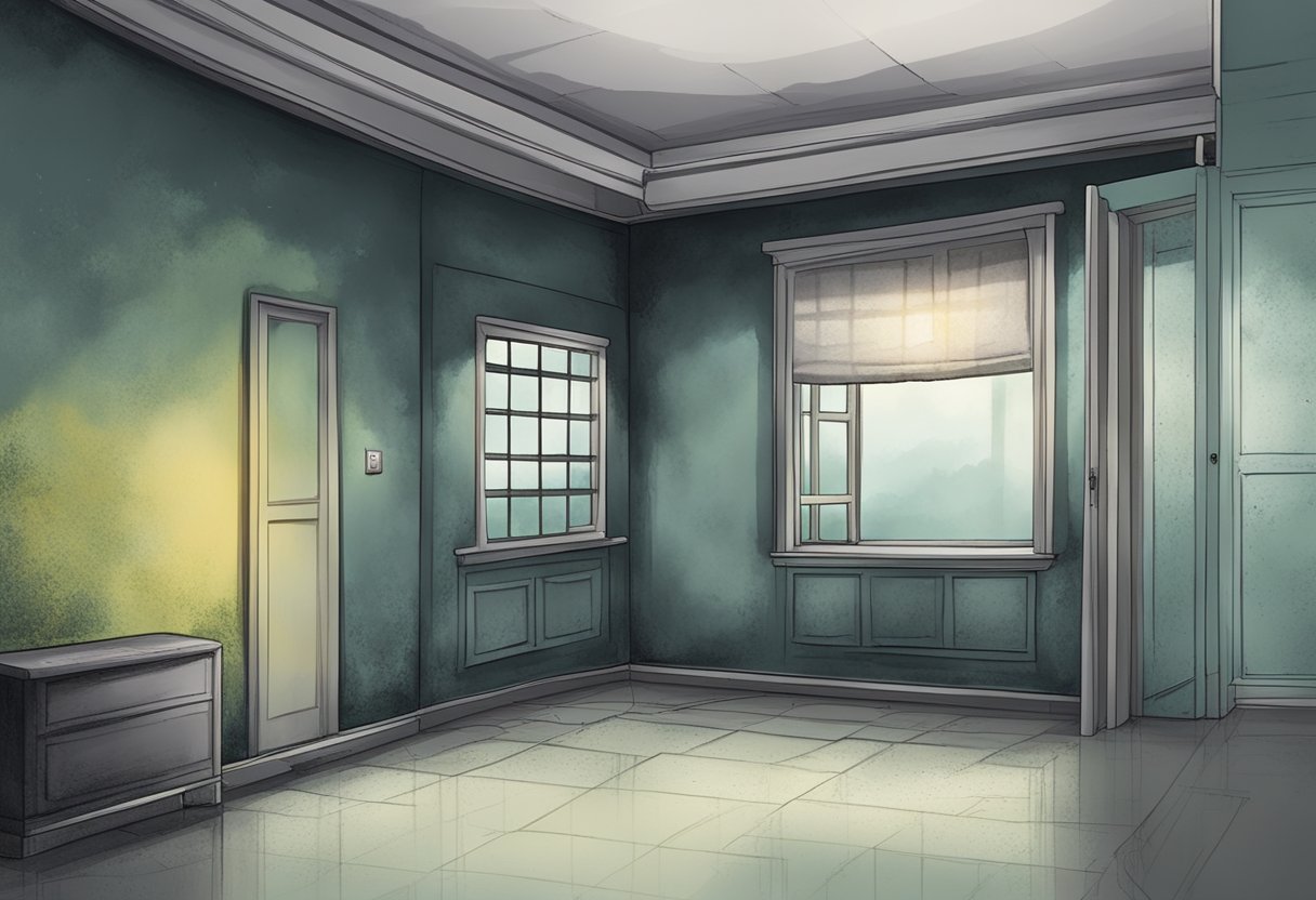 A dark, damp corner of a Singaporean home with visible mold growth on the walls and ceiling