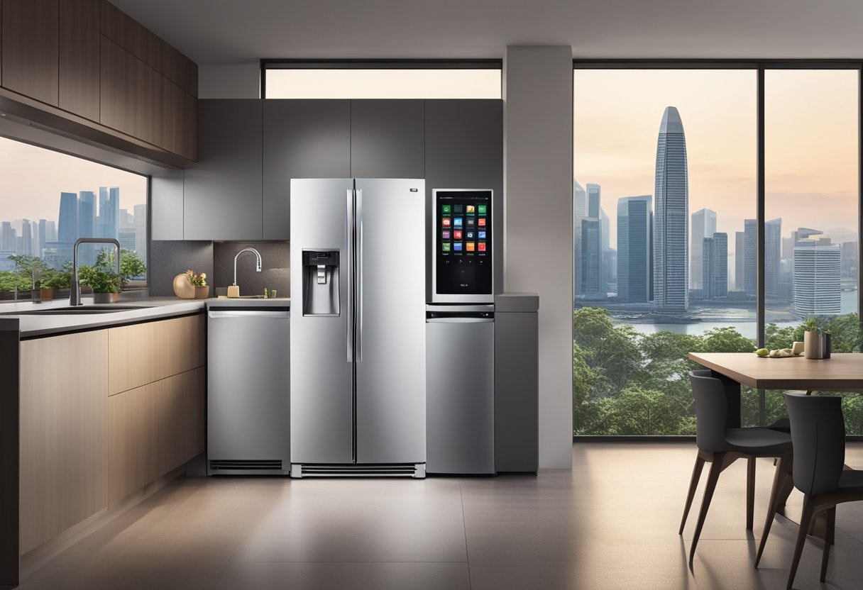 A sleek LG refrigerator sits in a modern kitchen, with the Singapore skyline visible through the window. Text reading "Frequently Asked Questions" is displayed on the refrigerator's digital screen