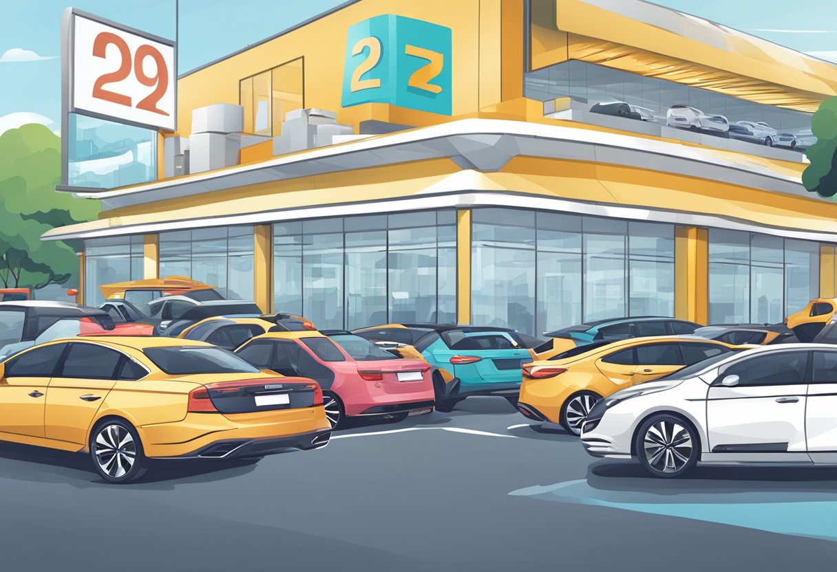 A car dealership with a sign "Frequently Asked Questions 2nd hand car Singapore" and various cars on display
