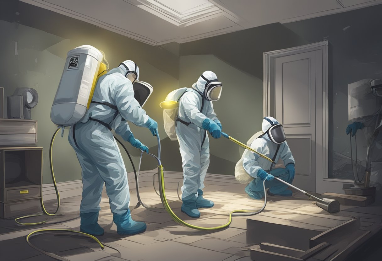A team of professionals in protective gear removing mold from a damp, dark room using specialized equipment