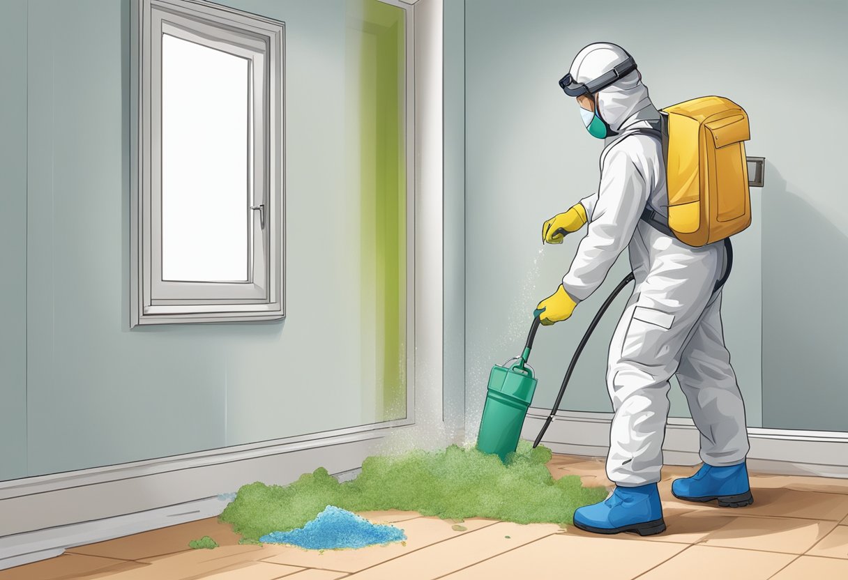 A technician in protective gear removing mold from a damp wall in a Singapore home