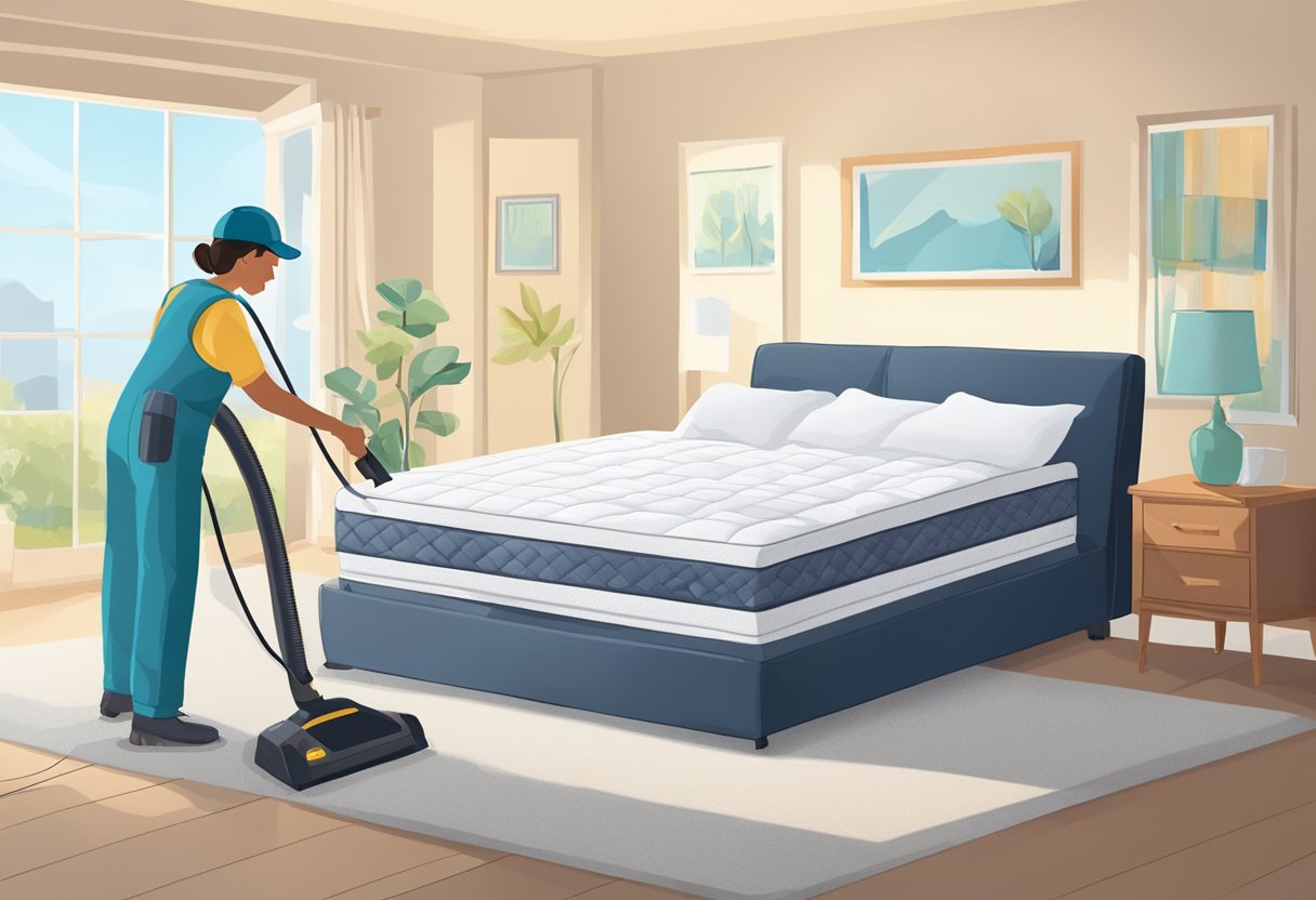 A mattress being deep cleaned with a vacuum and steam cleaner in a well-lit room