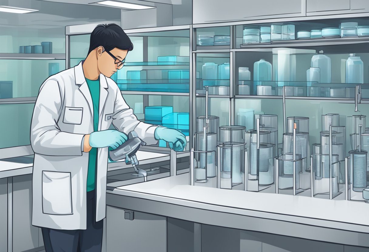 A lab technician prepares testing equipment in a sterile environment for pre-event testing in Singapore