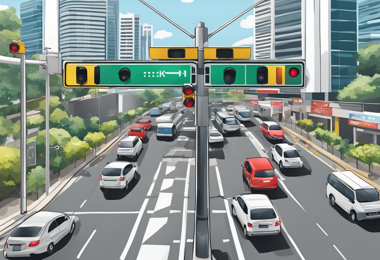 A red light camera mounted on a traffic signal at a busy intersection in Singapore, capturing vehicles running the red light