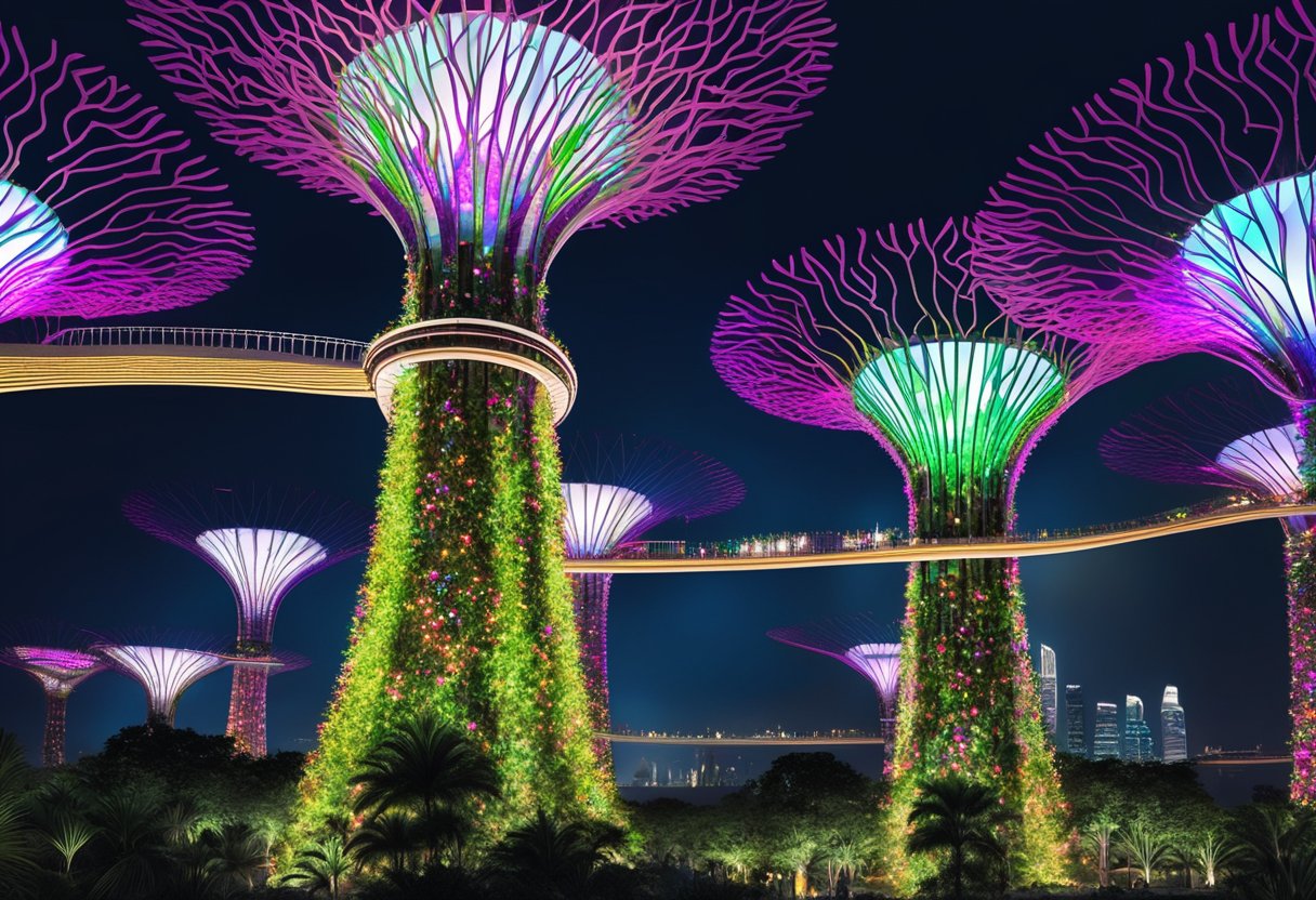 The iconic Supertree Grove at Gardens by the Bay, illuminated by colorful lights, with the Marina Bay Sands in the background