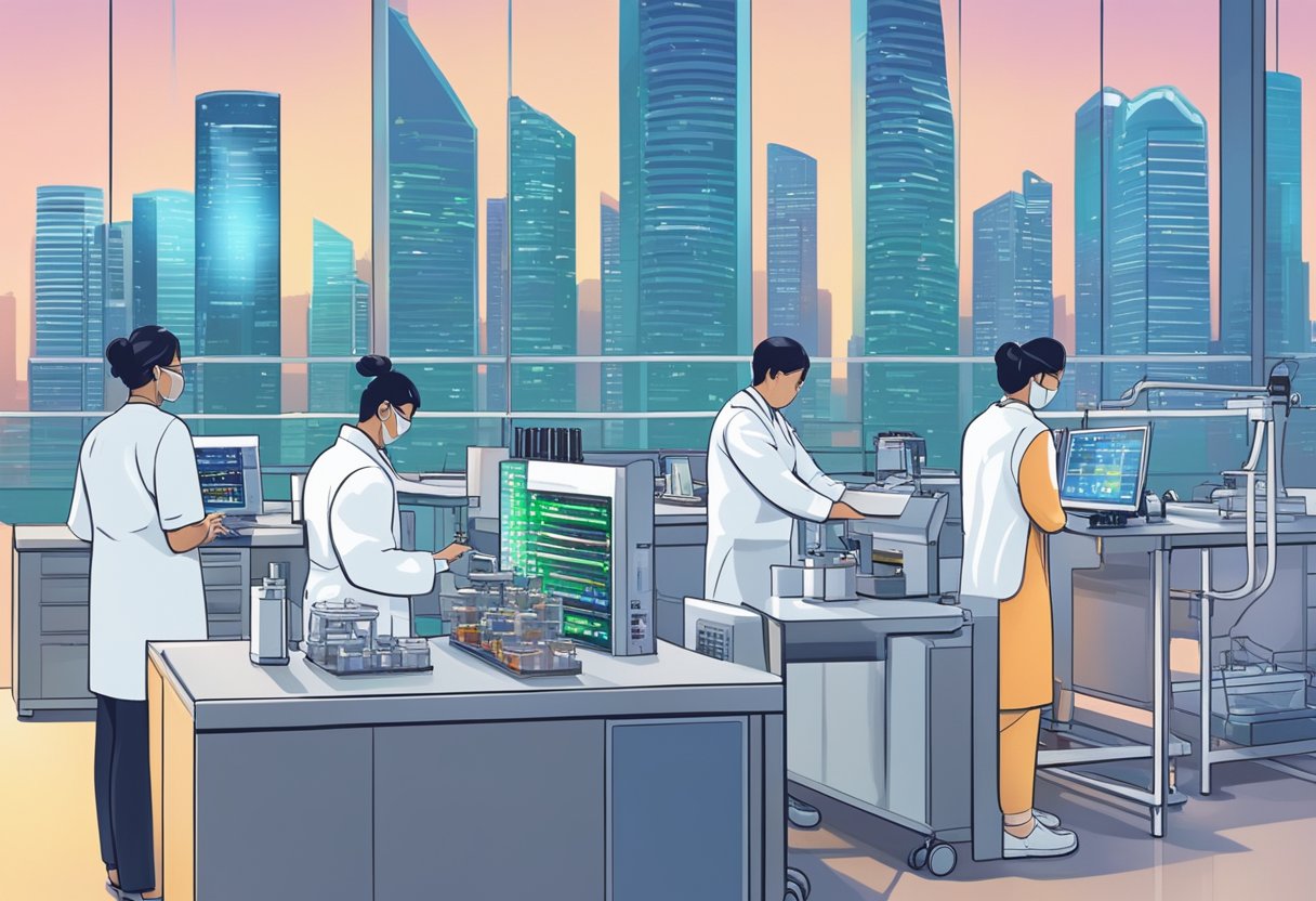 A laboratory setting with advanced sequencing machines and scientists analyzing genetic data, with a backdrop of Singapore's iconic skyline