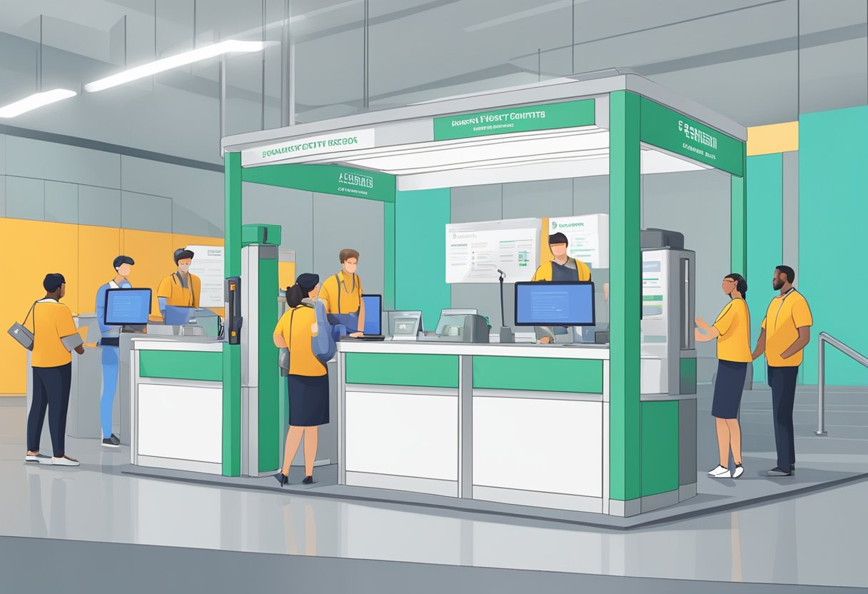 A testing station with signage, queuing barriers, and staff assisting attendees