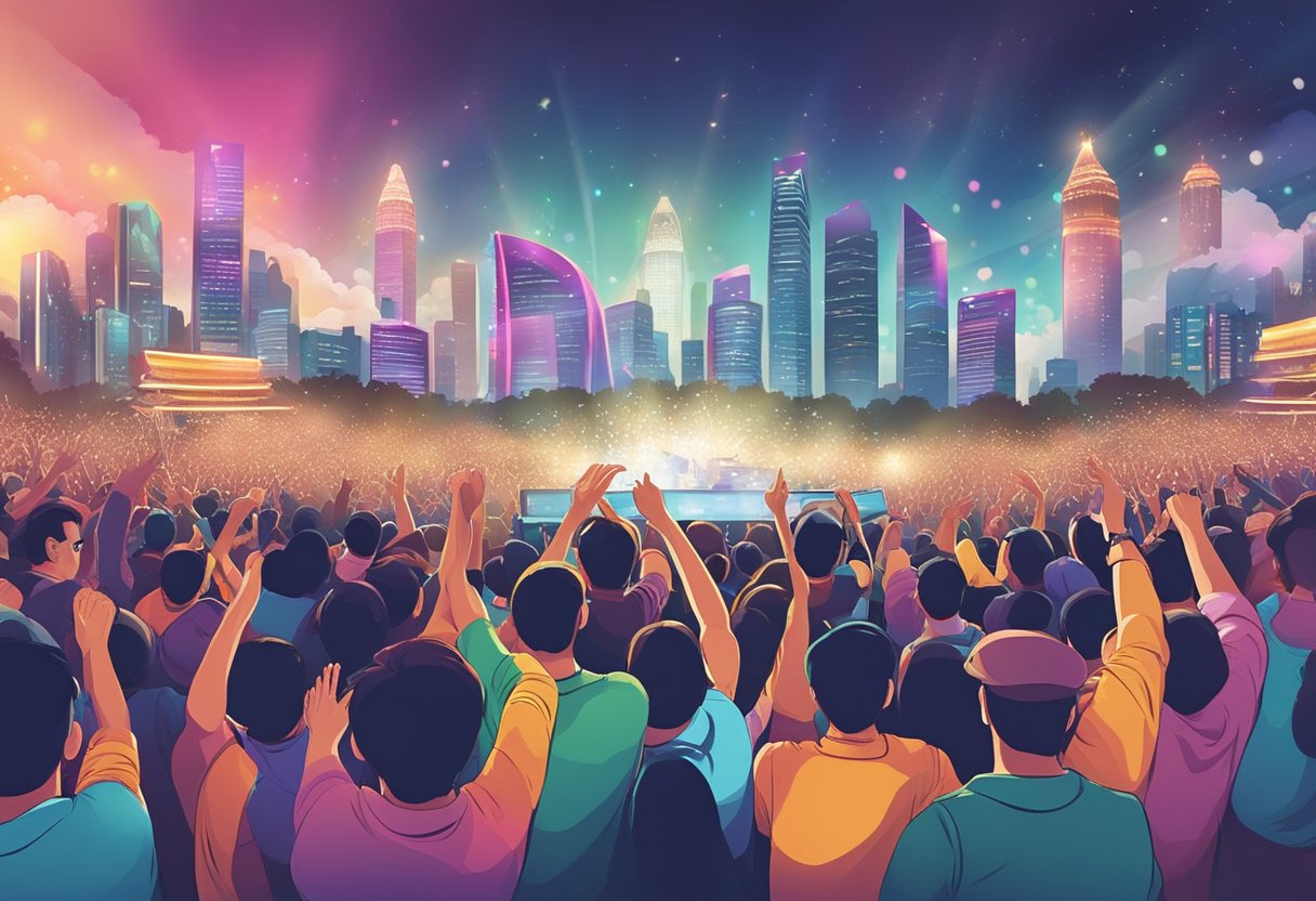 Crowd cheers, lights flash, stage set with instruments, joker xue banner, and Singapore skyline backdrop