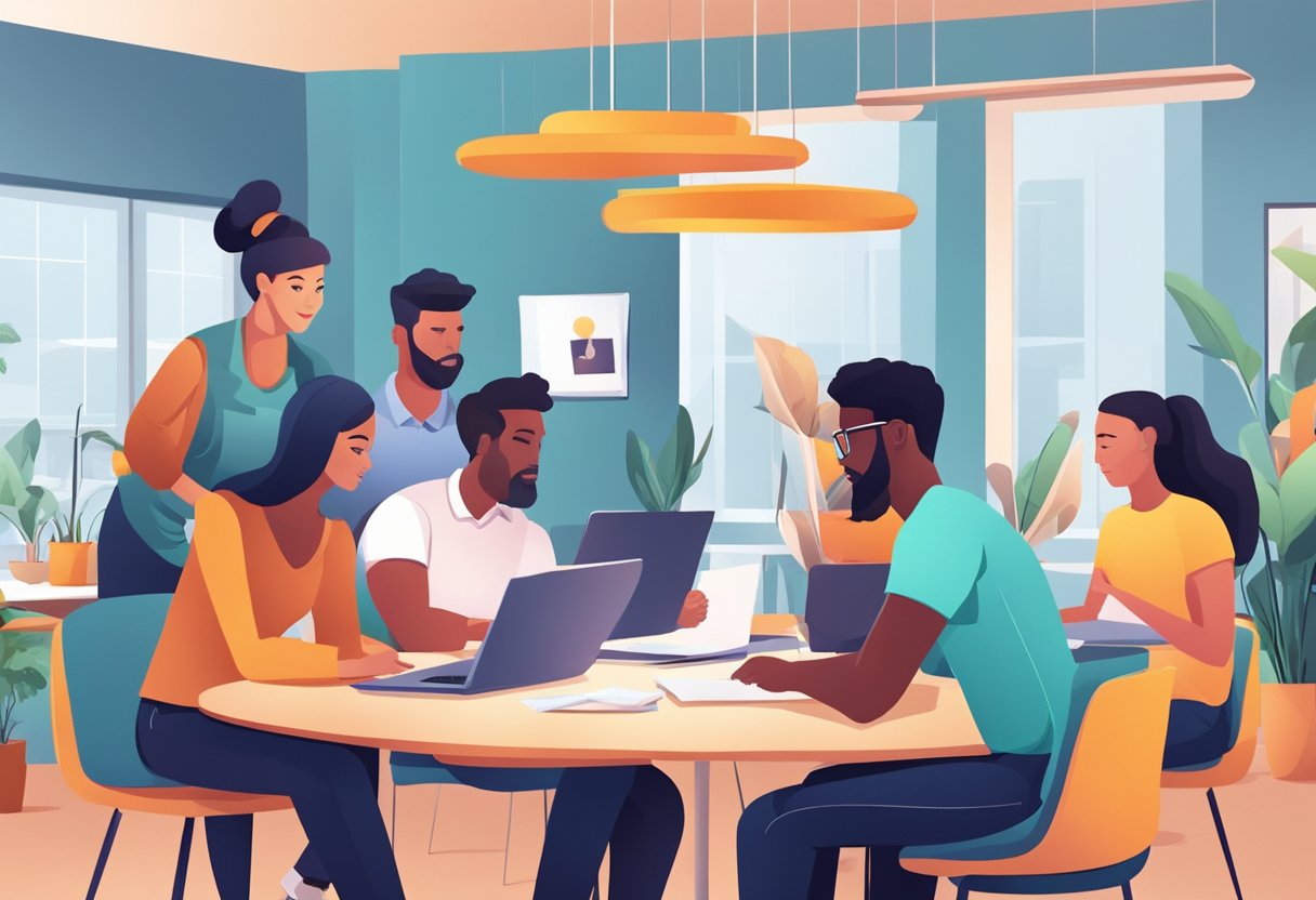 Employees gather around a table, brainstorming ideas. A diverse group discusses community initiatives. The office is modern and vibrant, with a strong sense of teamwork and collaboration
