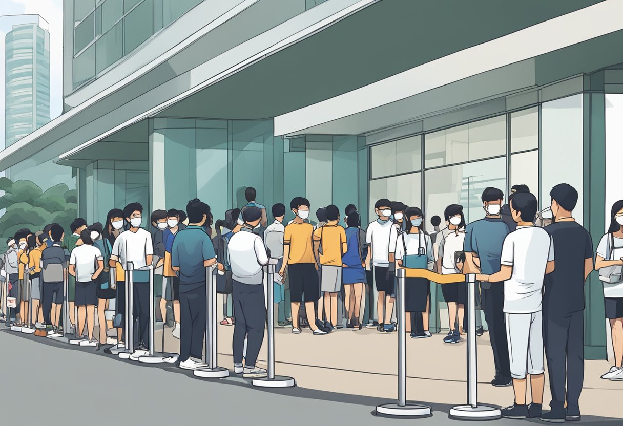 People lining up for pre-event testing in Singapore, with signage and staff assisting