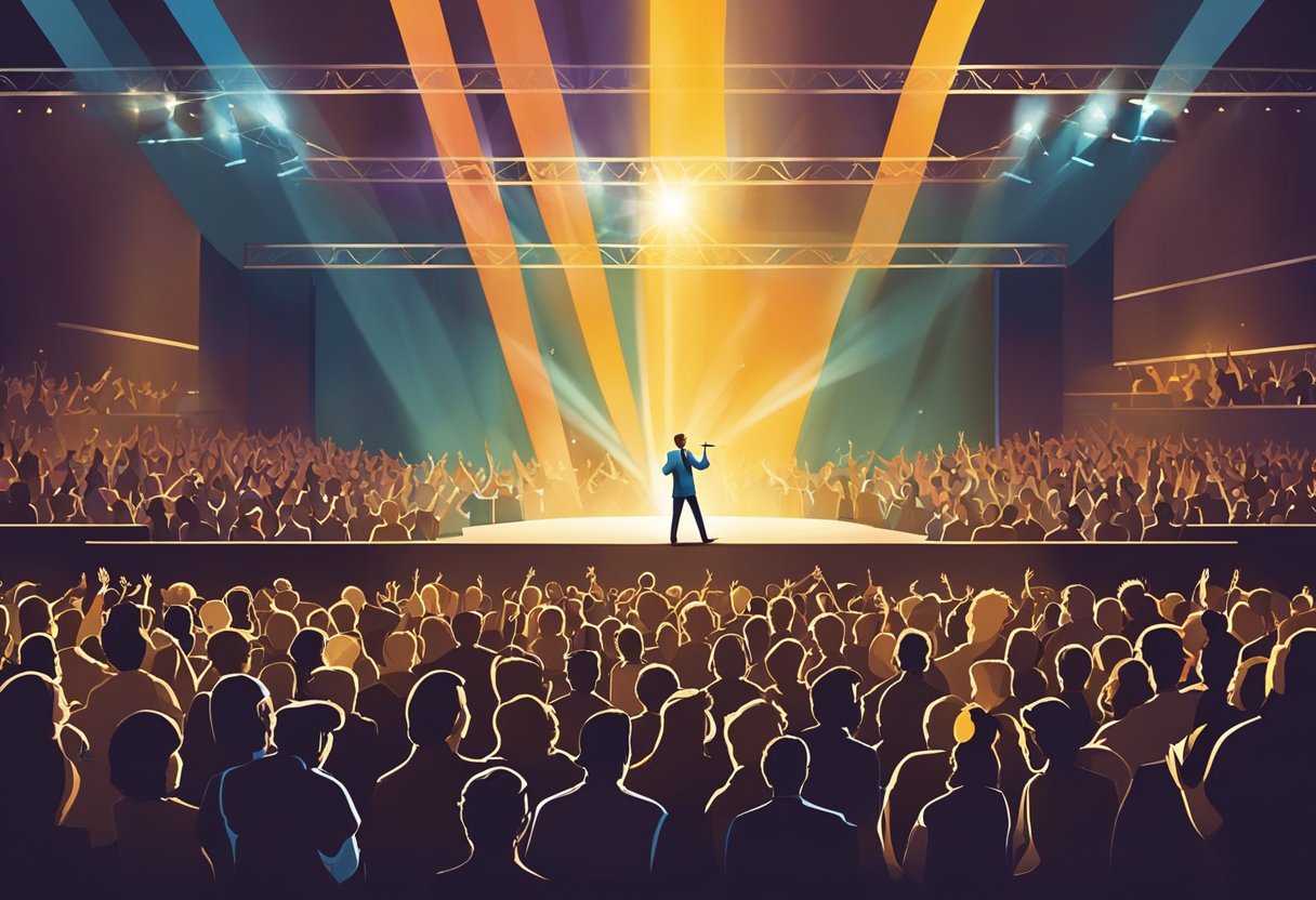 A crowded concert hall with stage lights shining on a performer singing to an enthusiastic audience