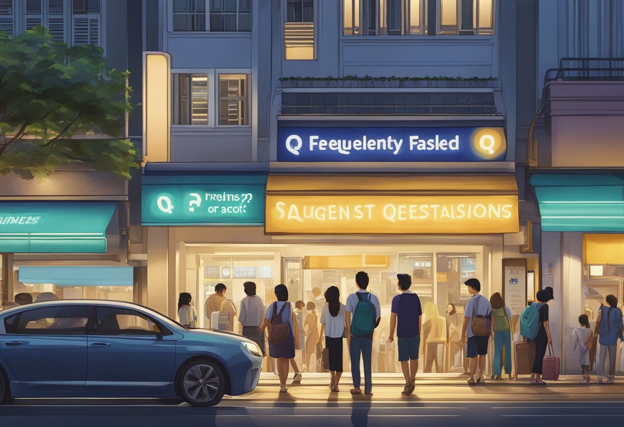 A glowing sign of "Frequently Asked Questions" stands out in the bustling streets of Singapore, drawing in curious onlookers