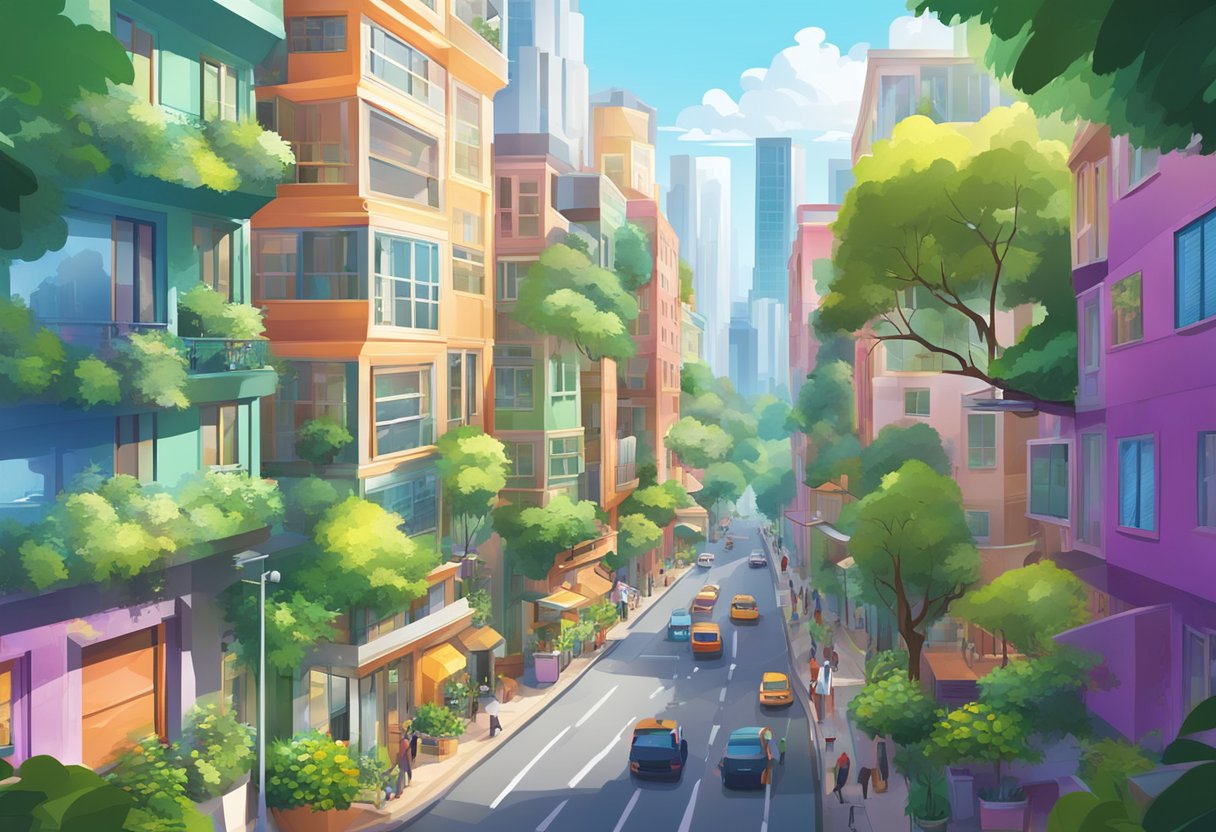 A vibrant cityscape with colorful buildings and bustling streets, surrounded by lush greenery and modern architecture