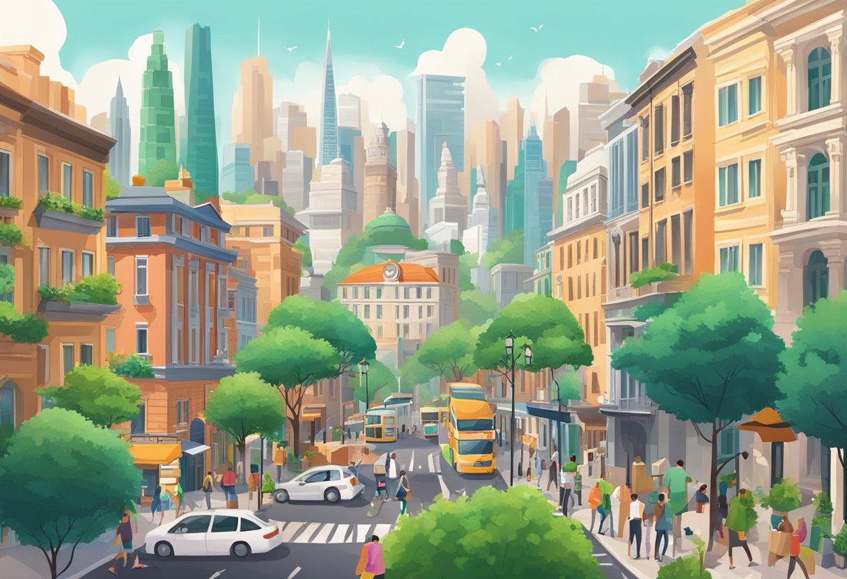 A bustling cityscape with iconic landmarks and diverse architecture, surrounded by lush greenery and vibrant street life