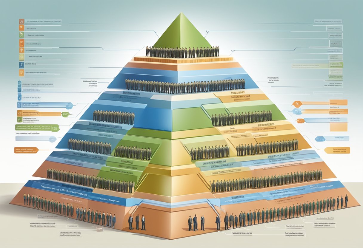 A hierarchical pyramid with Ministry of Defence at the top, followed by departments, units, and individuals in a clear and organized structure