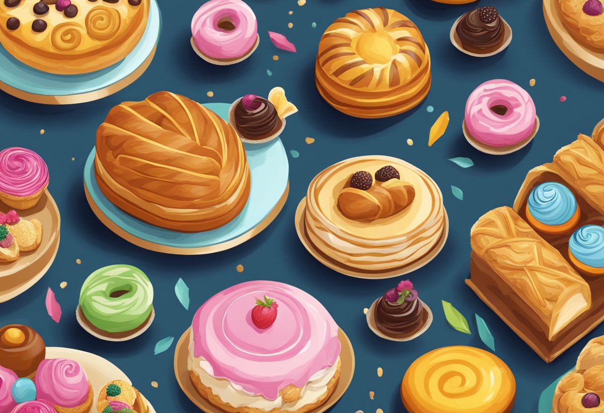 A table filled with assorted pastries in a Singaporean bakery, with vibrant colors and intricate designs on the pastries