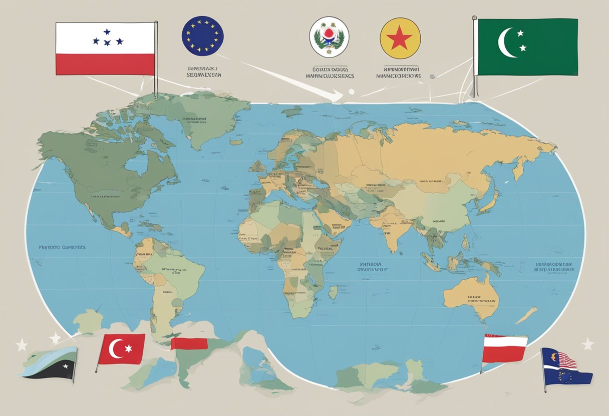 Mindef Singapore's Defence Policy and International Relations depicted with flags, documents, and world map