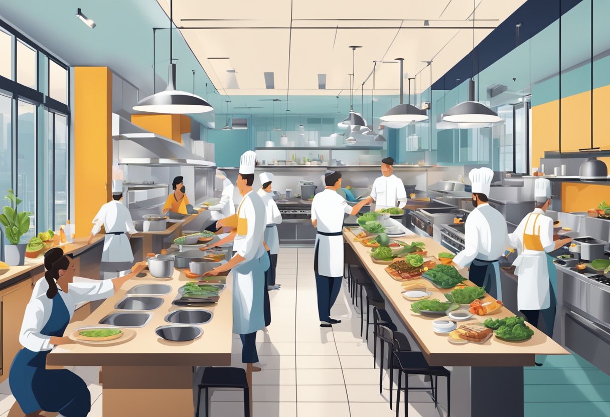 A bustling open kitchen with chefs cooking and plating dishes, surrounded by diners enjoying their meals in a modern, vibrant setting
