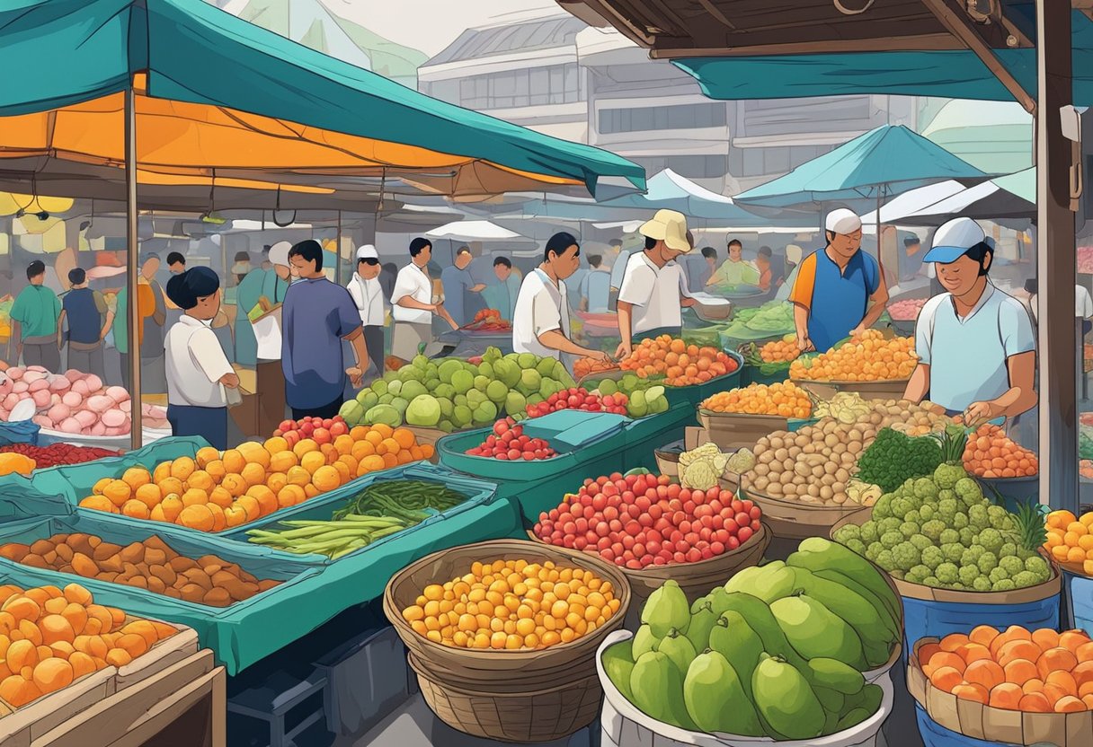 Vibrant stalls display colorful fruits and seafood at a bustling wet market in Singapore. The air is filled with the sounds of vendors calling out to potential customers
