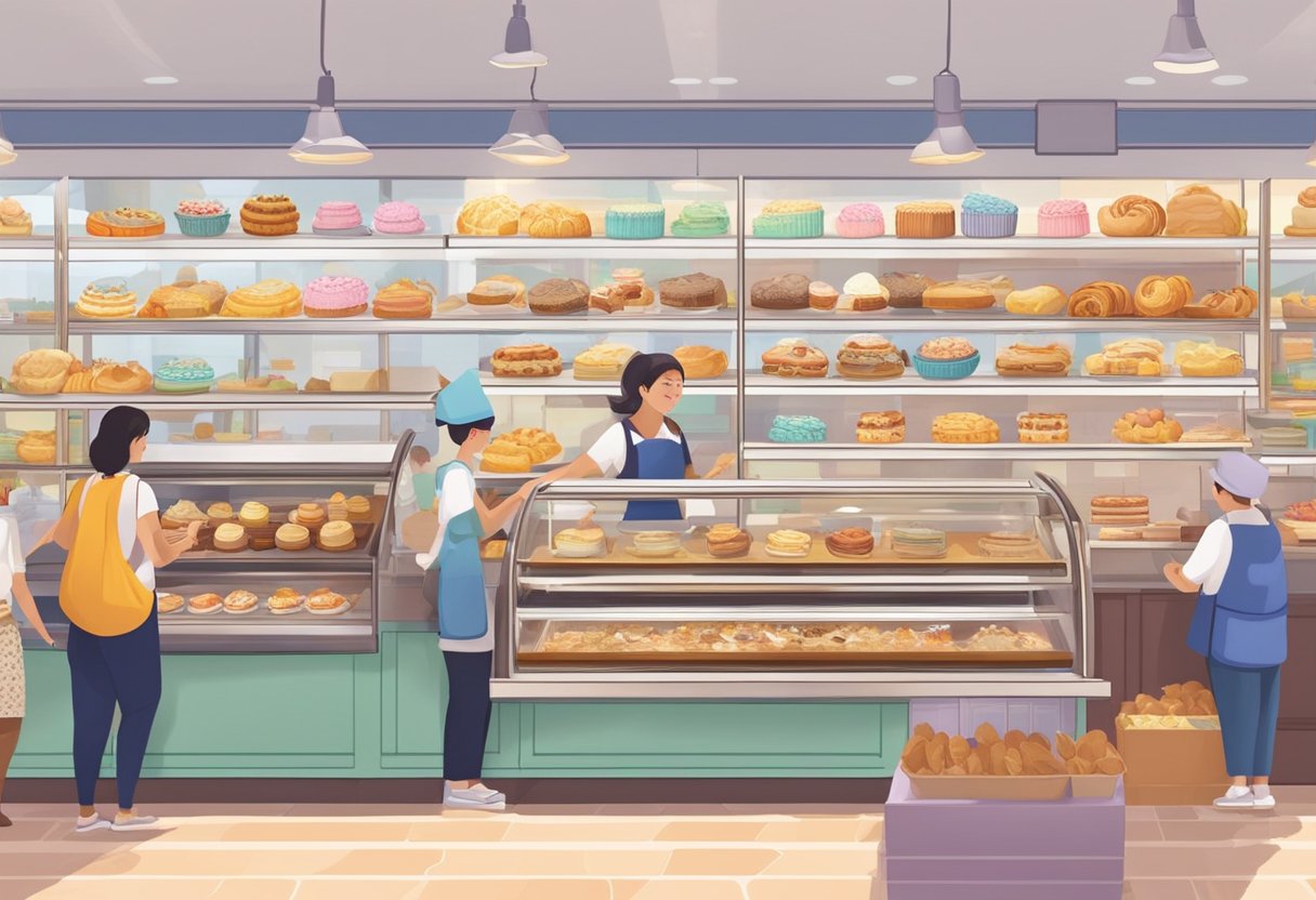 A bustling pastry shop in Singapore, filled with colorful and intricate pastries displayed on shelves and counters. The aroma of freshly baked goods fills the air, and customers eagerly line up to sample the sweet treats