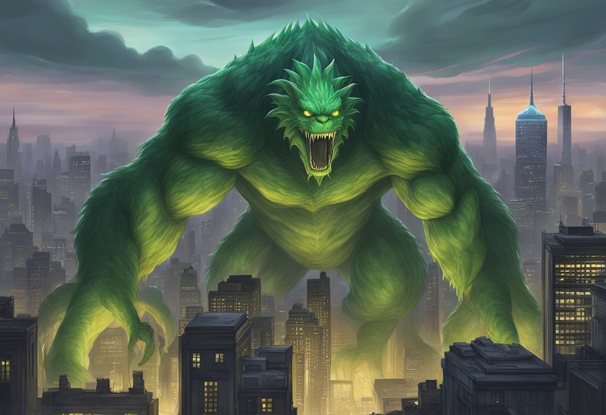 A towering, green-scaled monster looms over the city skyline, its glowing eyes casting an eerie light as it unleashes a deafening roar