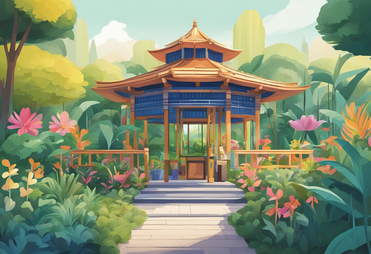 A colorful kubo structure in a lush garden, with a sign reading "Frequently Asked Questions kubo singapore" in bold letters