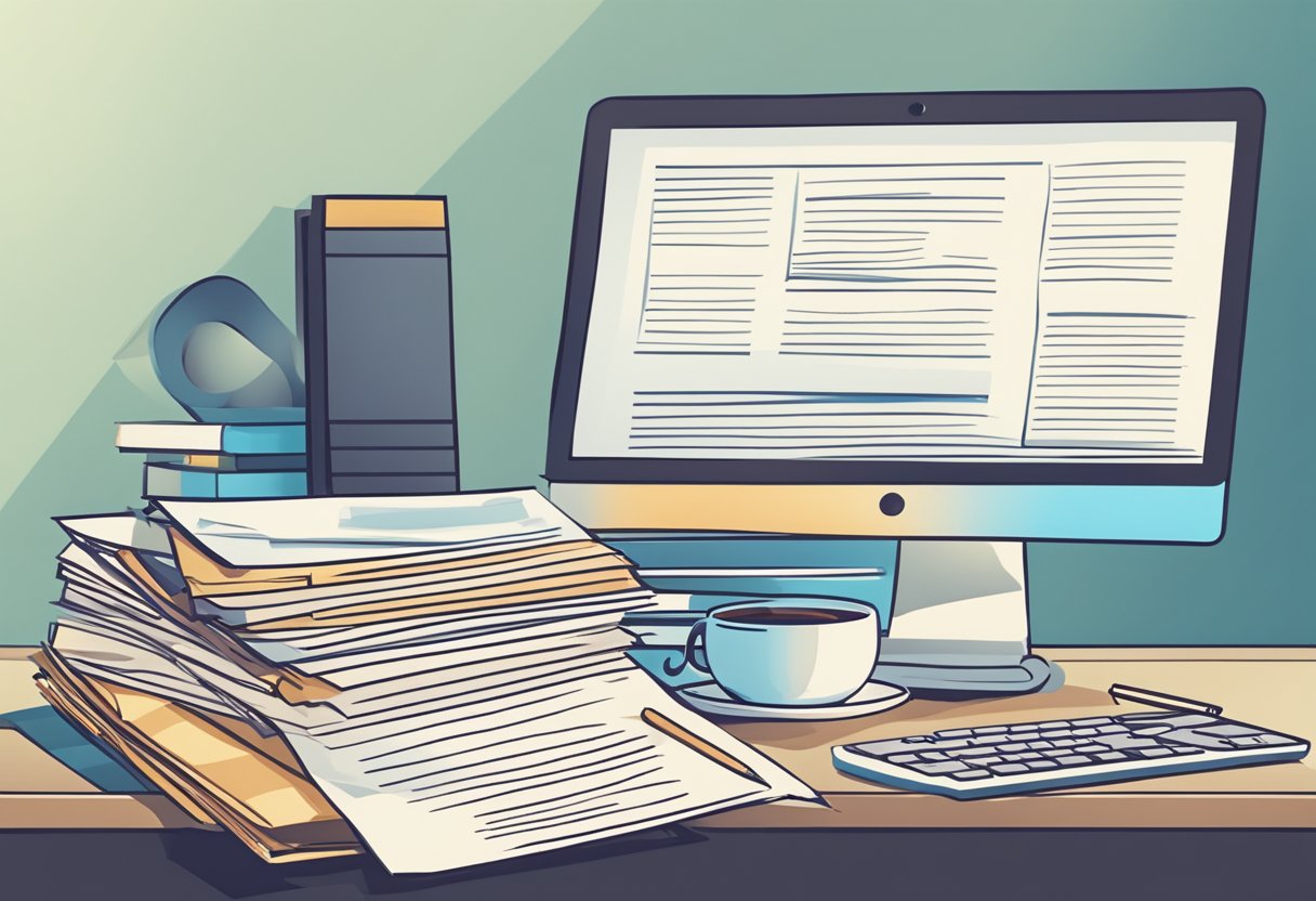 A stack of papers with "Frequently Asked Questions" on top, surrounded by a computer, a pen, and a cup of coffee